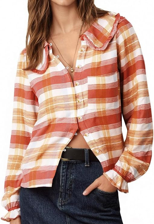 Tankaneo Womens Peter Pan Collar Button Down Shirts Long Sleeve Plaid Blouse Dressy Casual Fall T... | Amazon (US)