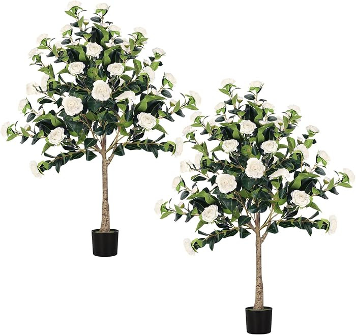 4FT Artificial Camellia Tree 2 Pack 47" Faux Camellia Plant with Black Pot, Realistic Leaves and ... | Amazon (US)
