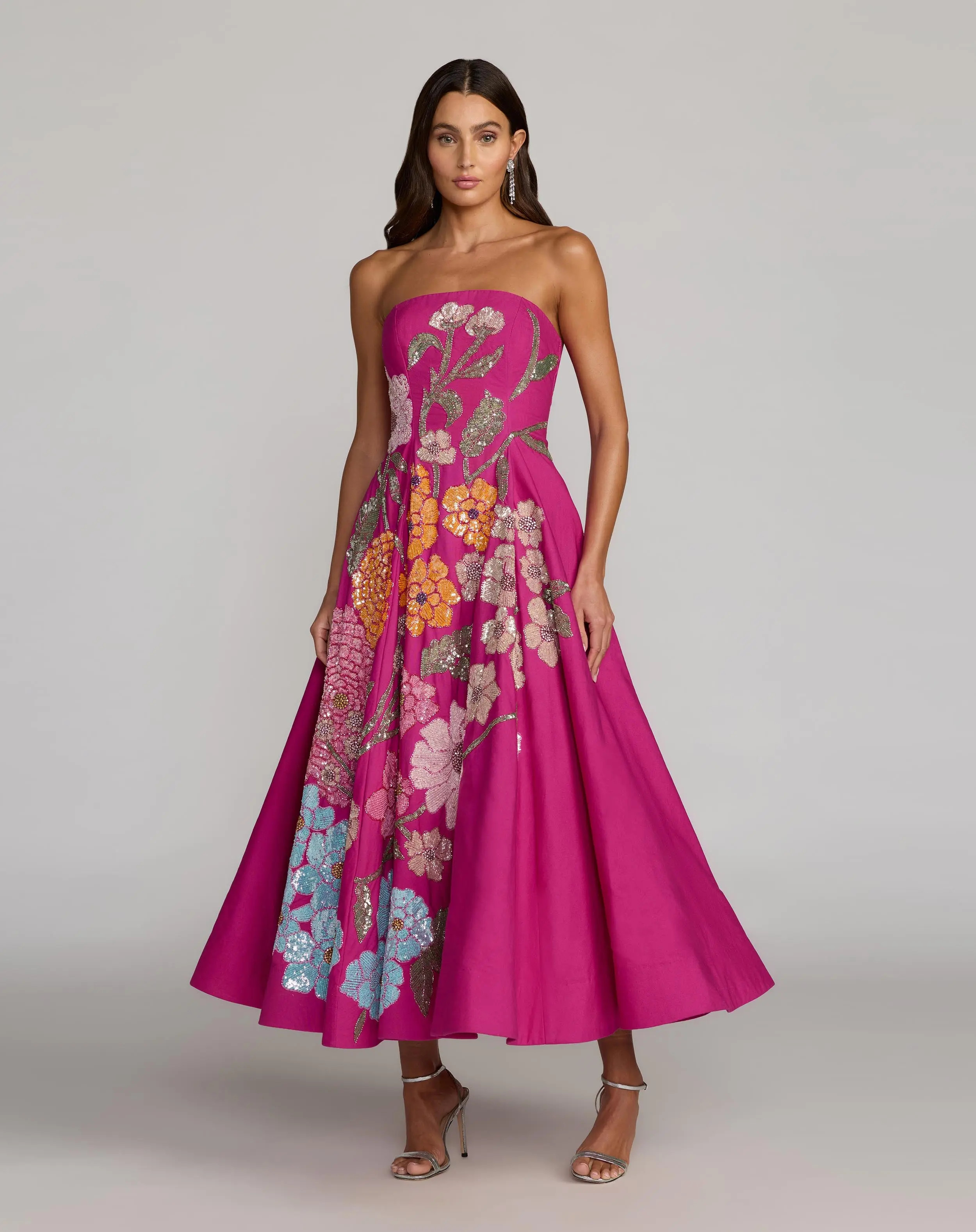 Hot Pink Strapless Floral Embellished Midi Dress | Mac Duggal | Mac Duggal