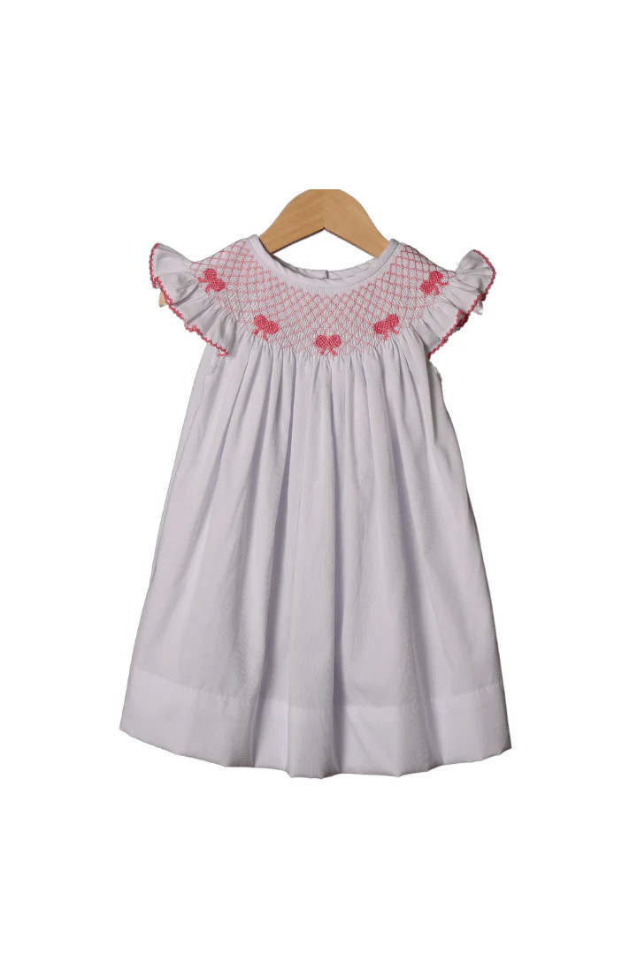 Smocked Heirloom Pink Bow White Pique Dress | The Smocked Flamingo