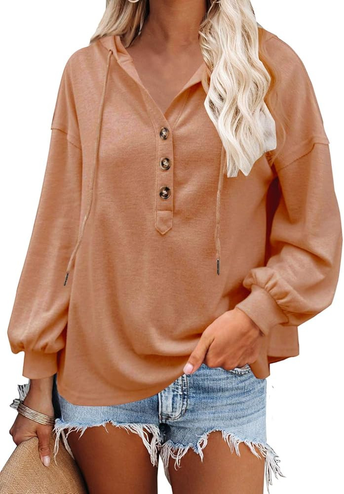 Valiamcep Women's Sweatshirts and Hoodies Drawstring Deep V Neck Button Down Pullover Tunic Top | Amazon (US)