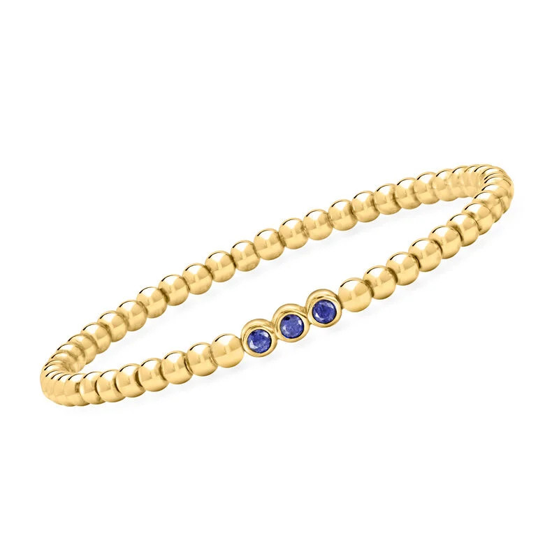 .30 ct. t.w. Lab-Grown Sapphire and 4mm 18kt Gold Vermeil Bead Stretch Bracelet | Ross-Simons