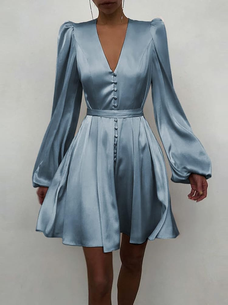 Celmia Women's Vintage Satin Wrap Mini Dress V Neck Long Sleeve Party Work Dress Causal Ruffle Sh... | Amazon (US)