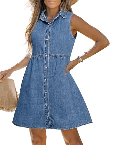LookbookStore Denim Dress for Women Sleeveless Babydoll Dress Button Down Short Jean Dresses Summer Dresses Casual Medium Blue Size Medium | Amazon (US)