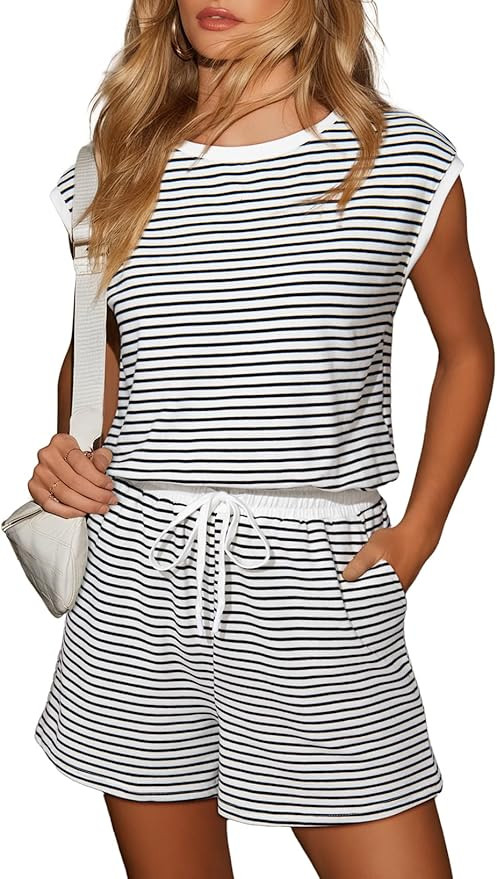 Dokotoo Women's Summer Casual Rompers Striped Shorts Overalls Adjustable Drawstring Waist Jumpsui... | Amazon (US)
