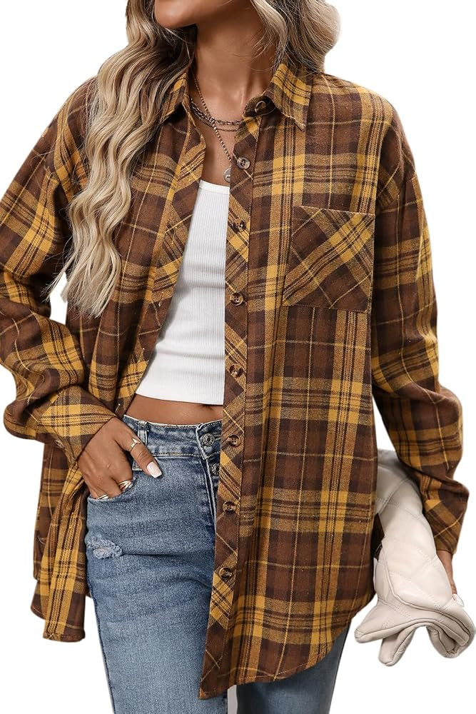 CHYRII Womens Oversized Flannel Shirts Button Down Long Sleeve Plaid Shirt Business Casual Blouse... | Amazon (US)