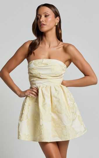 Laure Mini Dress - Strapless Jacquard Dress in Lemon | Showpo (US, UK & Europe)