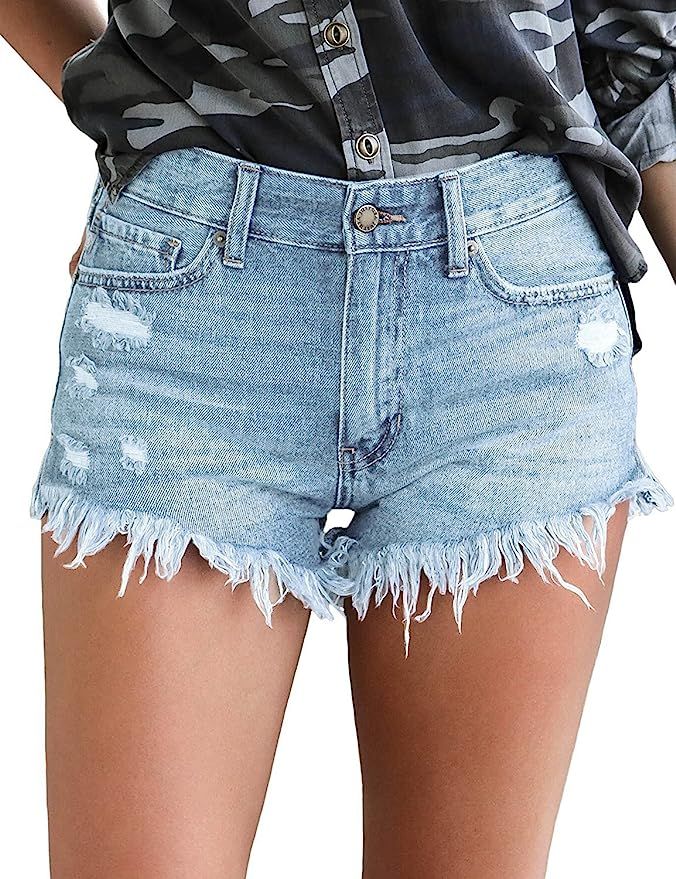 luvamia Women's Mid Rise Shorts Frayed Raw Hem Ripped Denim Jean Shorts | Amazon (US)