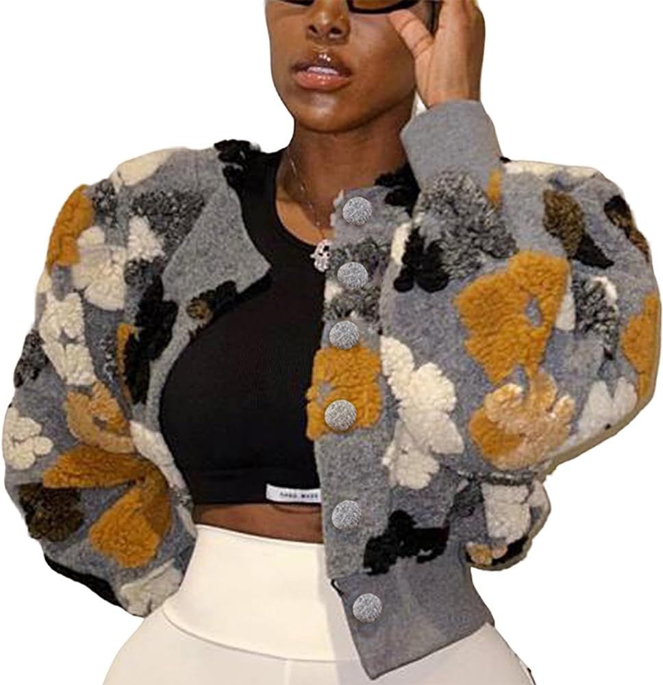 Aedceal Women's Floral Print Cropped Jacket Puff Sleeve Button Down Bomber Coat Outerwear | Amazon (US)