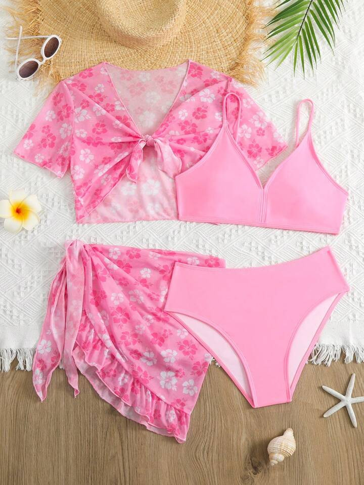 SHEIN Teen Girls 4pcs Floral Print Bikini Swimsuit With Cover Up Set | SHEIN USA | SHEIN