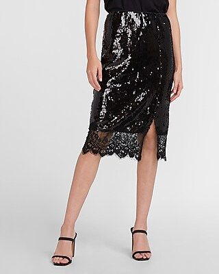 High Waisted Lace Trim Sequin Midi Skirt | Express