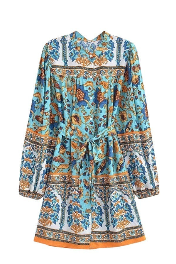 LIGHT BLUE AZTEC LONG SLEEVED MINI DRESS | Mulberry & King