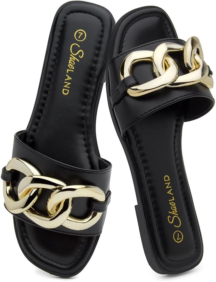 Shoe Land Flat Sandals for Women, Dressy Slides with Metal Chain, Square Open Toe Single Band, Cu... | Amazon (US)