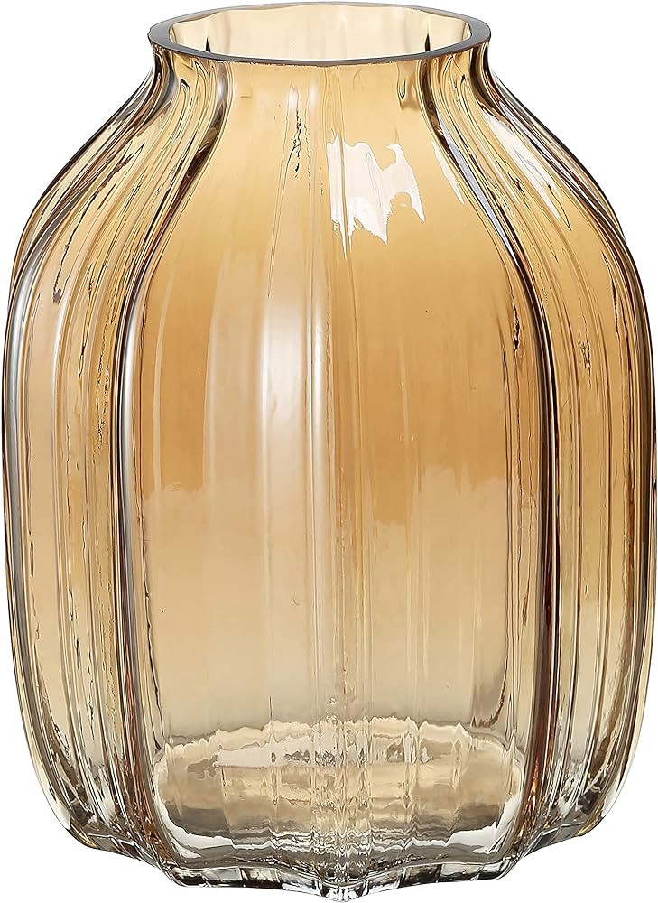 Large Amber Glass Vase for Flowers Ribbed Tall Gold Floor Vase 8.0" Decorative Vases for Home Tab... | Amazon (US)