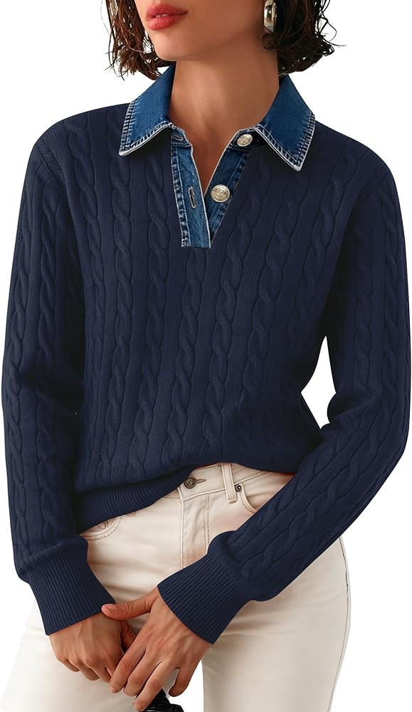 SAUKOLE Sweaters for Women Denim Lapel V Neck Buttons Closure Casual Long Sleeve Cable Knit Loose... | Amazon (US)