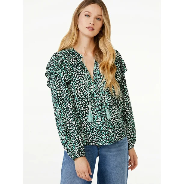 Scoop Women's Ruffle Print Peasant Top | Walmart (US)