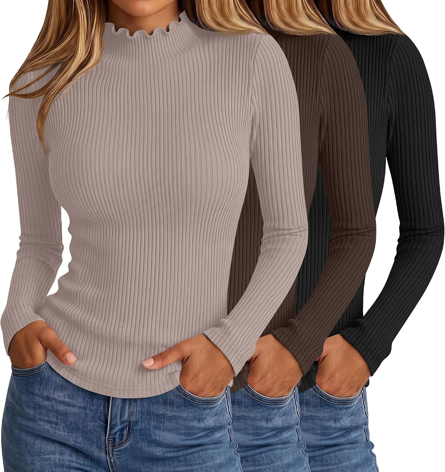 LOMON 3 Pack Women's Ribbed Mock Turtleneck Shirts Slim Fit Basic Tops | Amazon (US)
