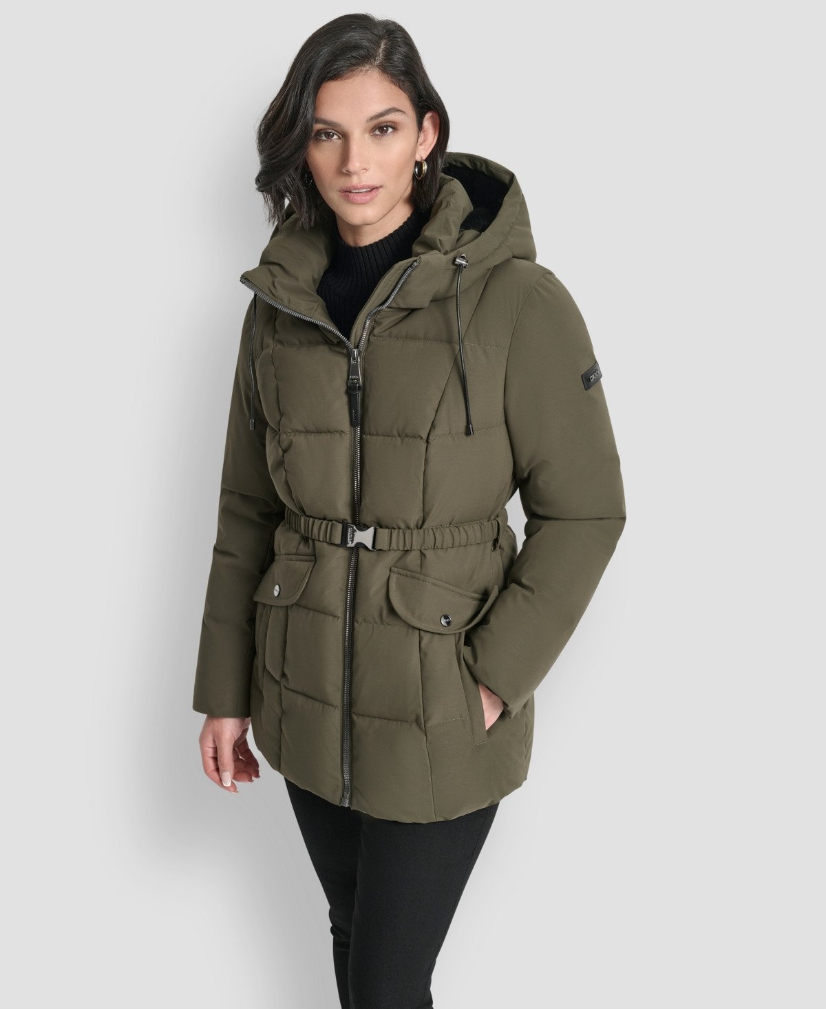 Dkny Women's Belted Hooded Puffer Coat - Loden | Macy's