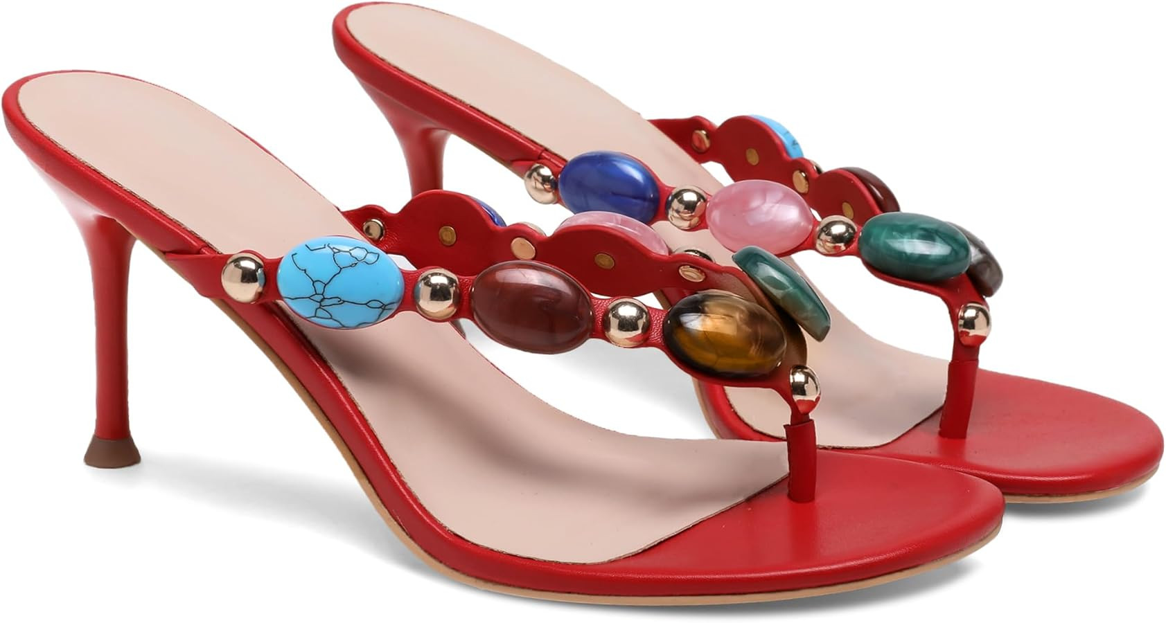 Oakmoo Women's Jeweled Thong Strappy Sandal Summer Mules Kitten Heels Flip Flop Round Open Toe Mi... | Amazon (US)