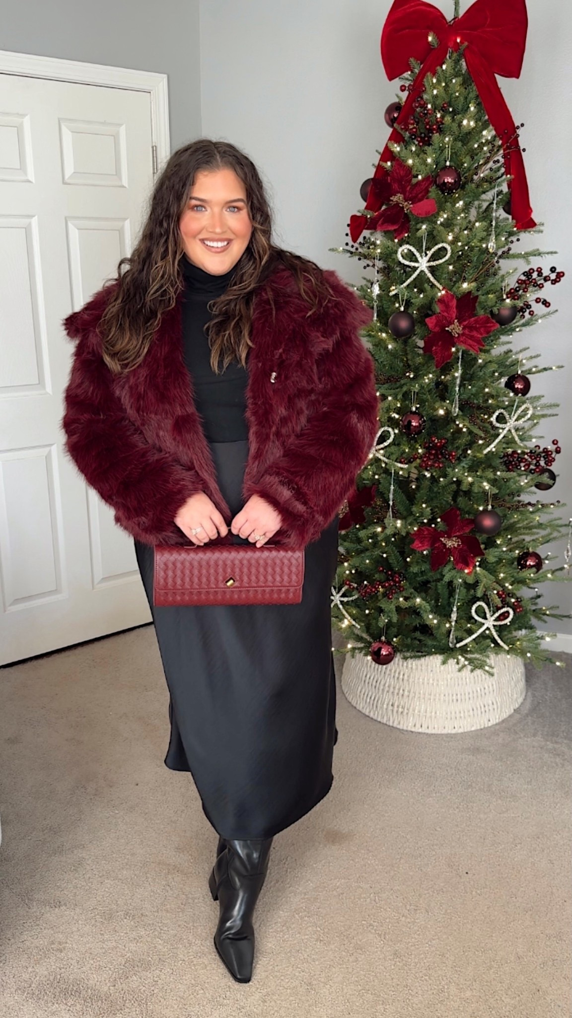 Curvy casual outfit of the night 🖤🍷 Mockneck long sleeve top, satin skirt, faux fur coat, wide calf boots + burgundy leather handbag
Wearing a size XXL in top, XL in coat and 2X in slip skirt 
Winter date night outfit inspo 

#LTKootd #LTKHoliday #LTKPlusSize