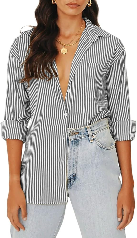 Women's Blouses Striped Long Sleeve Shirts Button Down Loose Fit Casual Tops | Amazon (US)