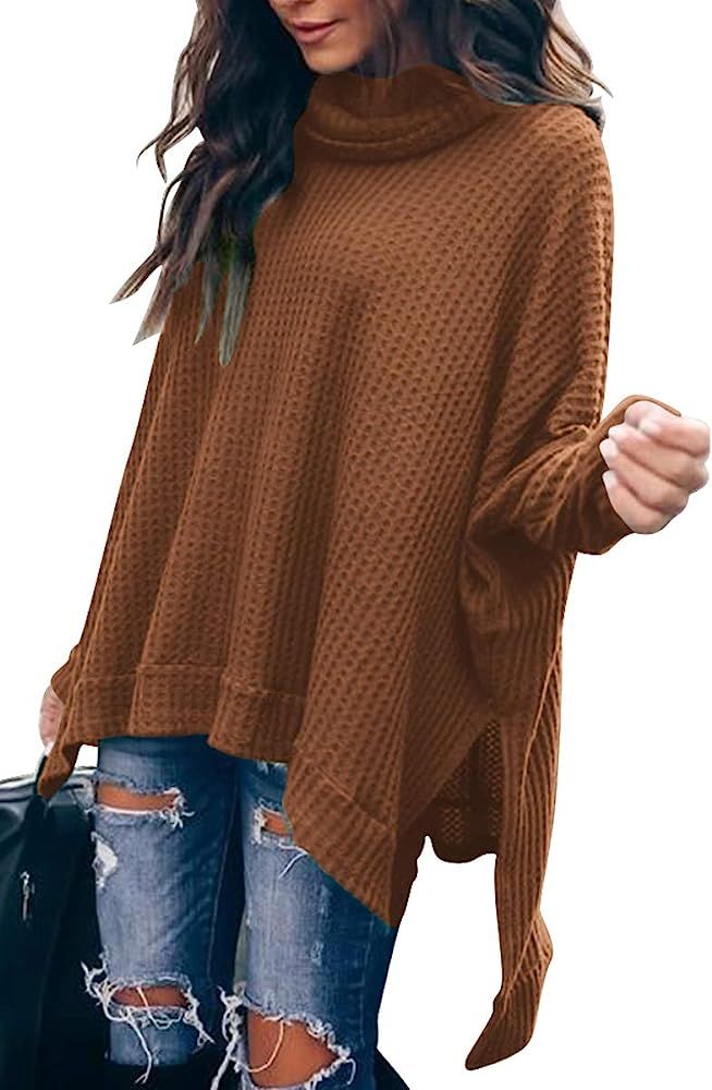 MILLCHIC Women Turtleneck Oversized Waffle Knit Batwing Sleeve Loose High Low Hem Side Slit Pullover | Amazon (US)