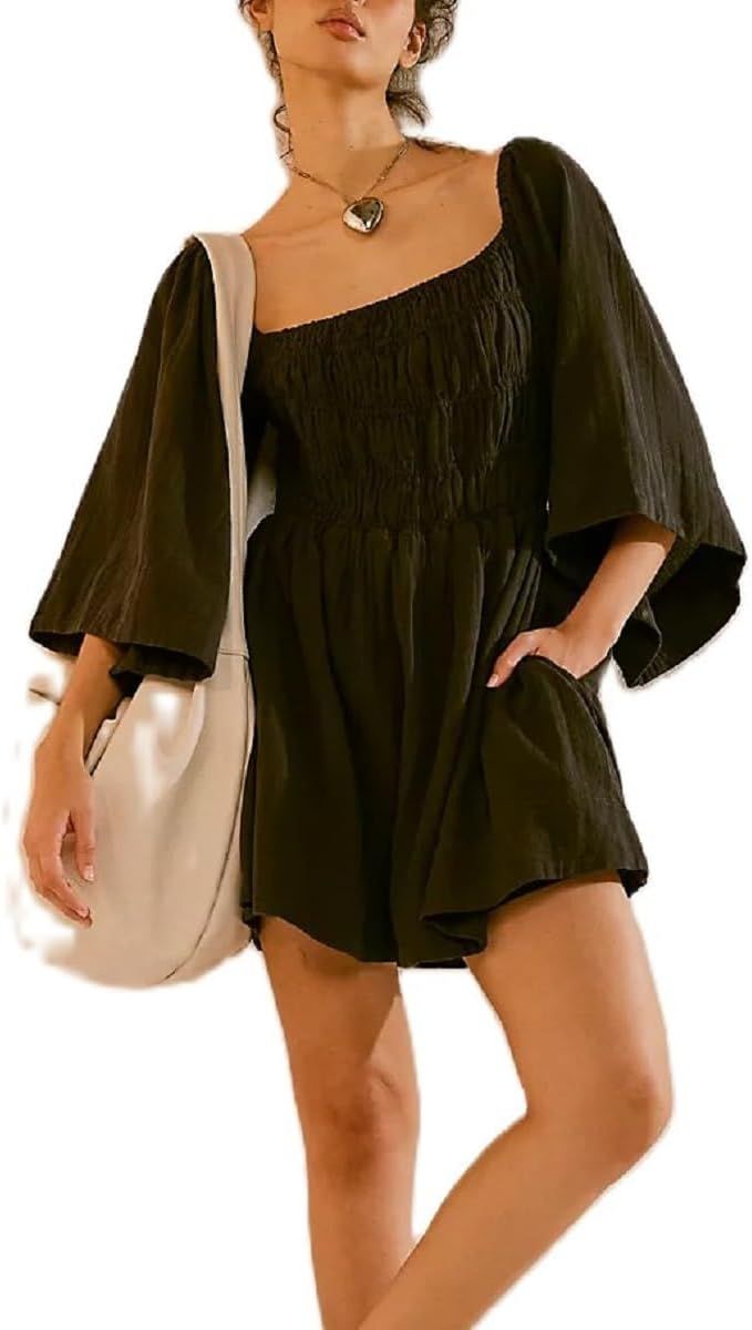 Women 2024 Summer Mini Dress Bohemian Lantern Sleeve Short Dress Beach Vacation A-Line Dress | Amazon (US)