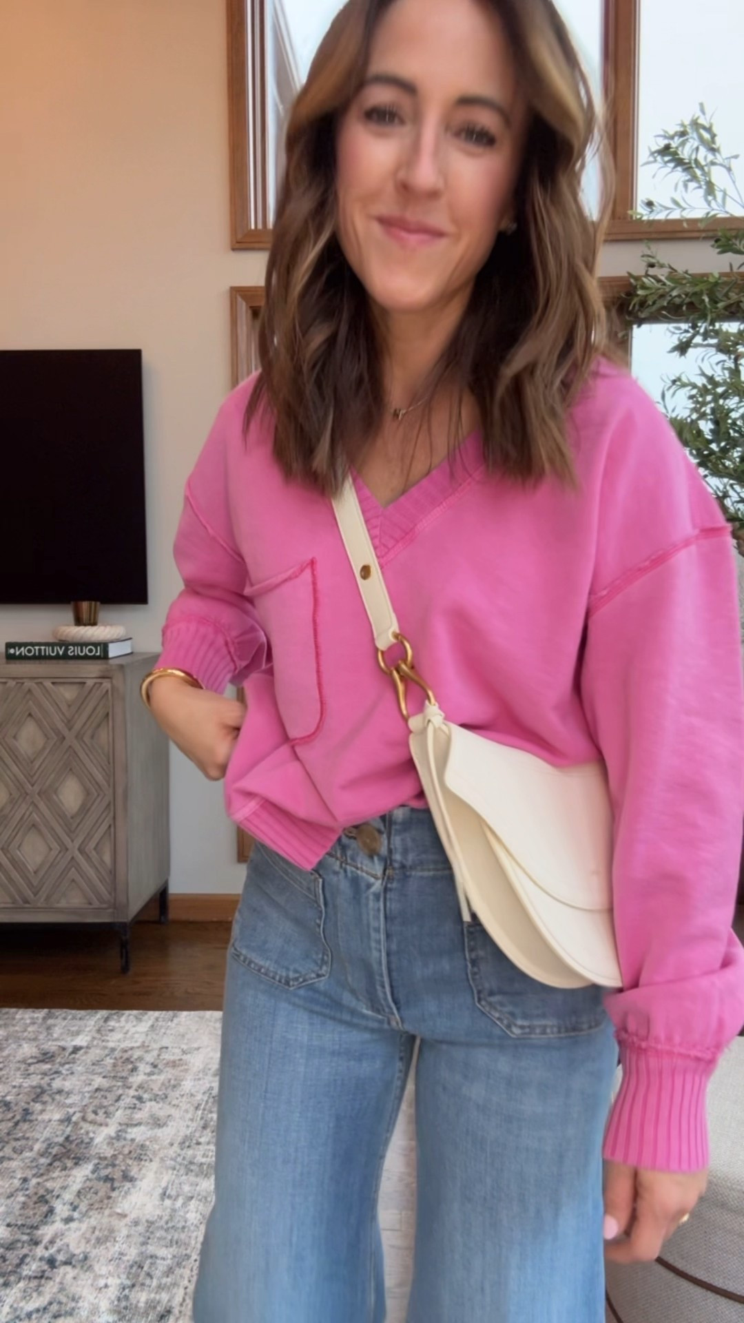 This pink is bold & pretty. 
Terry material. Slightly oversized. 👌🏻👌🏻
XS 
Jeans in true 25 here. Size down if in between @anthropologie #anthropartner 

#LTKmomlife #LTKootd