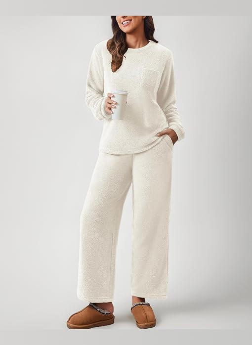 Ekouaer Damen Schlafanzug Lang Fleece Pyjama Set Winter Hausanzug | Amazon (DE)