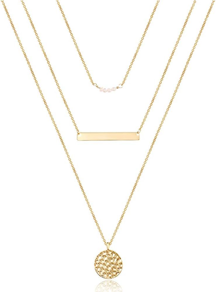 Turandoss Dainty Layered Choker Necklace, Handmade 14K Gold Plated Y Pendant Necklace Multilayer Bar | Amazon (US)