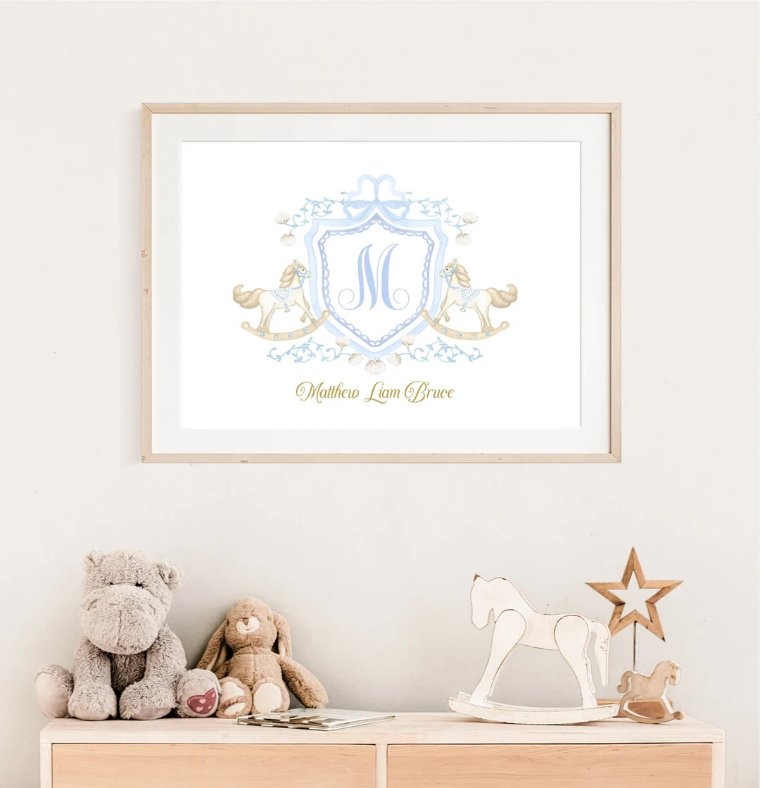 Nursery Monogram Wall Art, Rocking Horse Crest, Rocking Horse Nursery Wall Art, Watercolor Blue C... | Etsy (US)