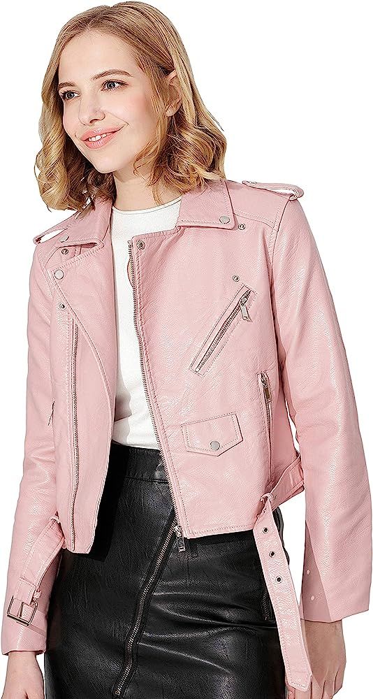 Women's Faux Leather Textured Short Moto Jacket Zip-up Slim PU Biker Coat with Pockets | Amazon (US)