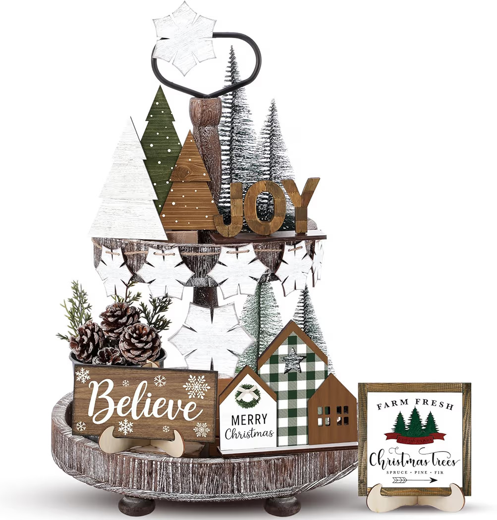 20 Pcs Neutral Christmas Tiered Tray Decor Set Vintage Plaid Snowflake Xmas Tree Wood Sign Rustic... | Amazon (US)