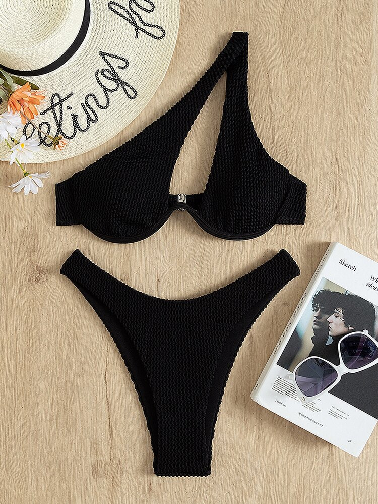 Textured One Shoulder Underwire Bikini Swimsuit | SHEIN