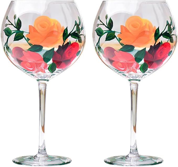 2PCS Hand Painted Flower Wine Glass Rose Stemmed Wine Glasses Flower Goblet Butterfly Wine Glass ... | Amazon (US)