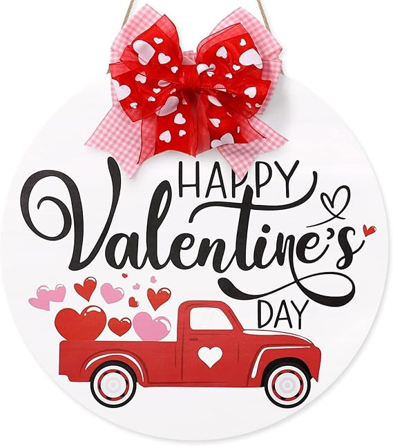 Happy Valentine's Day Wooden Door Sign Hanger Farmhouse Round Hanger Red Heart Truck Front Wall S... | Amazon (US)
