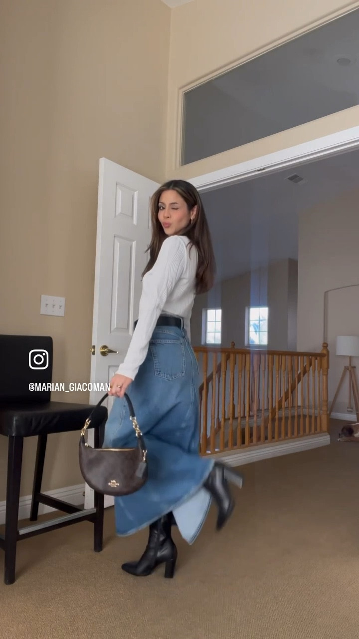 Parisian chic inspired outfits for spring, styling a maxi denim skirt and a textured long sleeve top🫶🏼

#LTKstyletip #LTKFind #LTKSeasonal