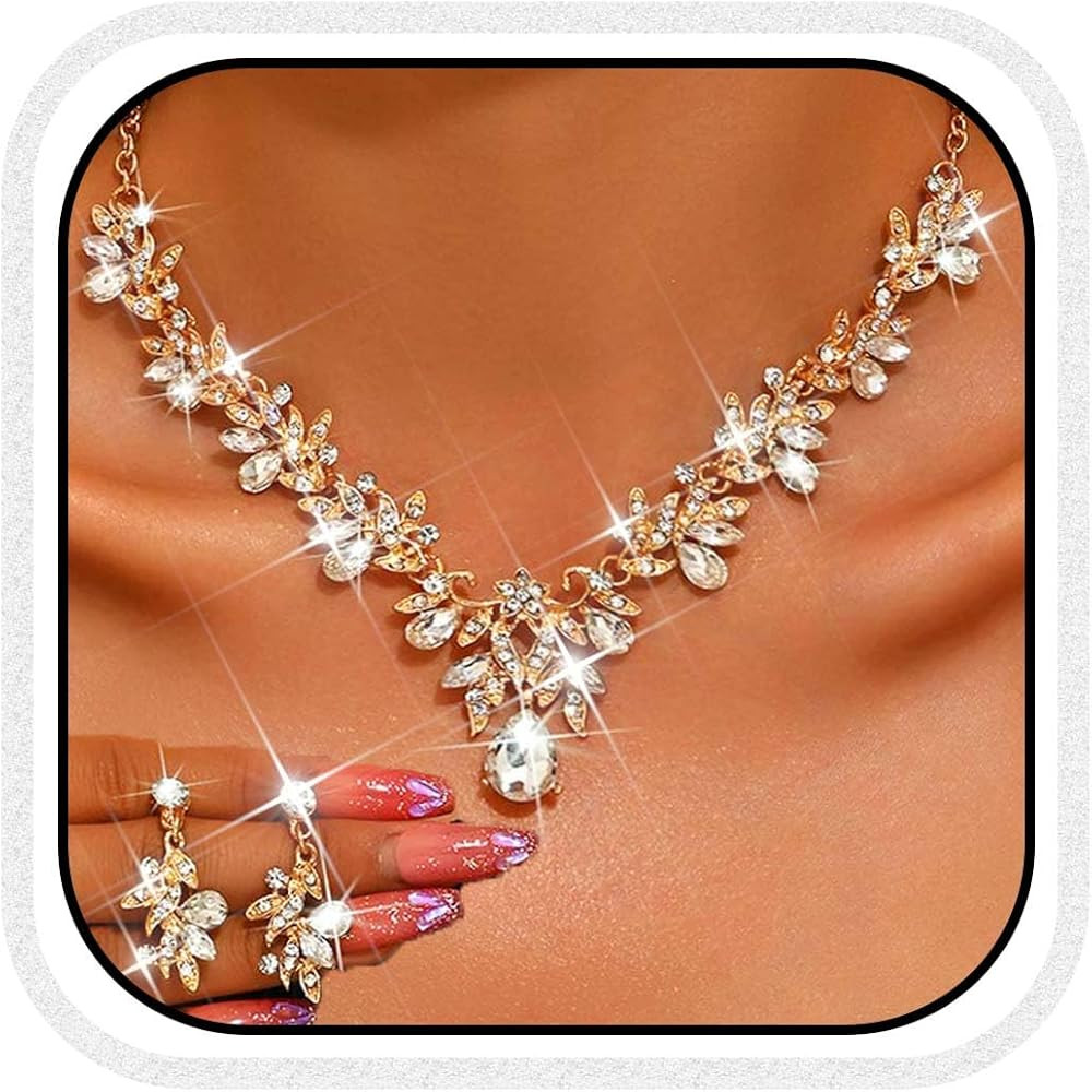 Unicra Rhinestone Bridal Wedding Jewelry Sets Gold Necklace Earrings Set Leaf Prom Formal Costume... | Amazon (US)