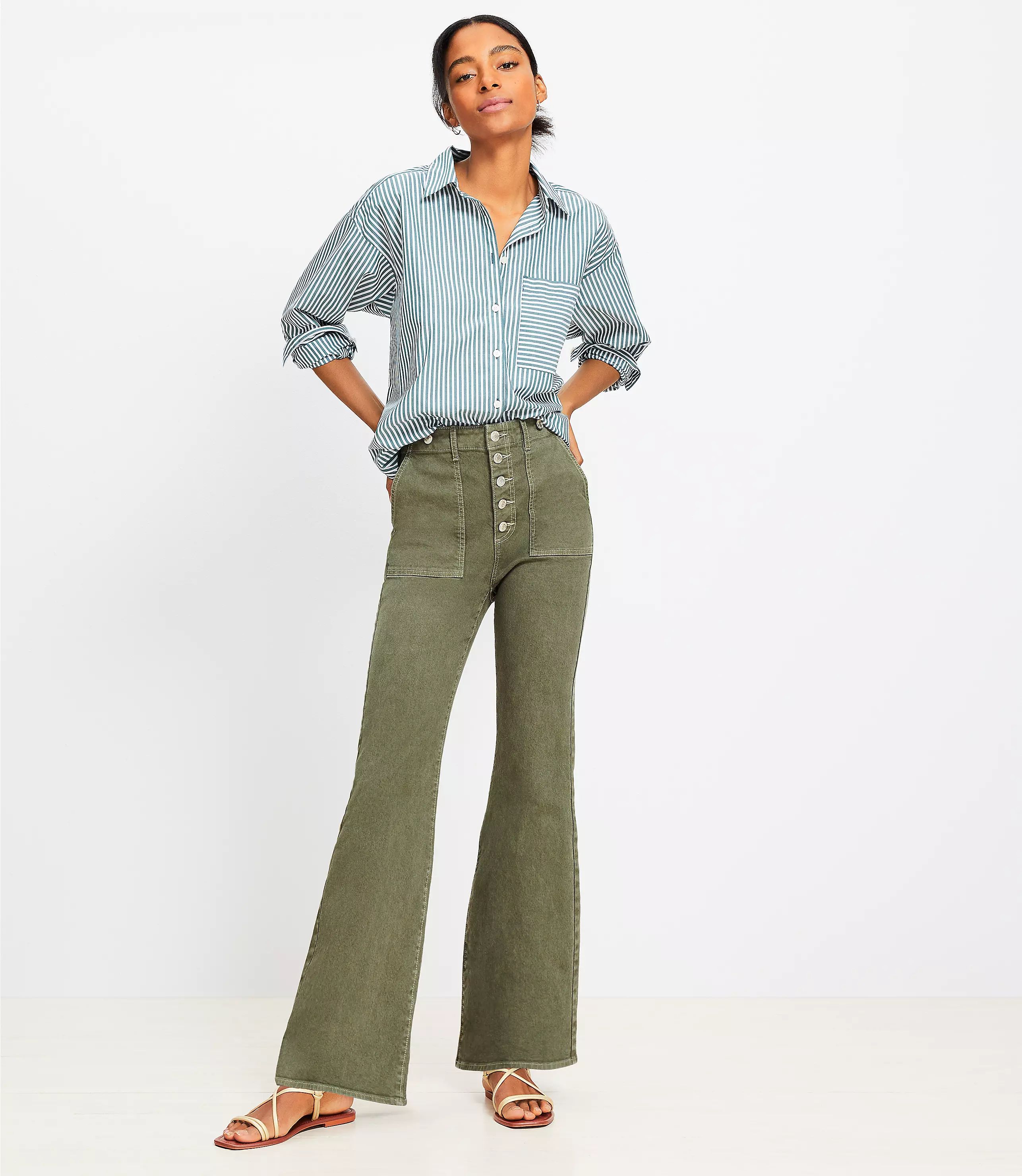 High Rise Relaxed Flare Jeans in Evening Olive | LOFT