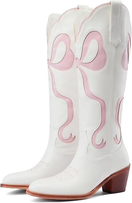 Women's White Cowgirl Boots with Bow Knee High Cowboy Boots Almond Round Toe Chunky Heel Embroide... | Amazon (US)