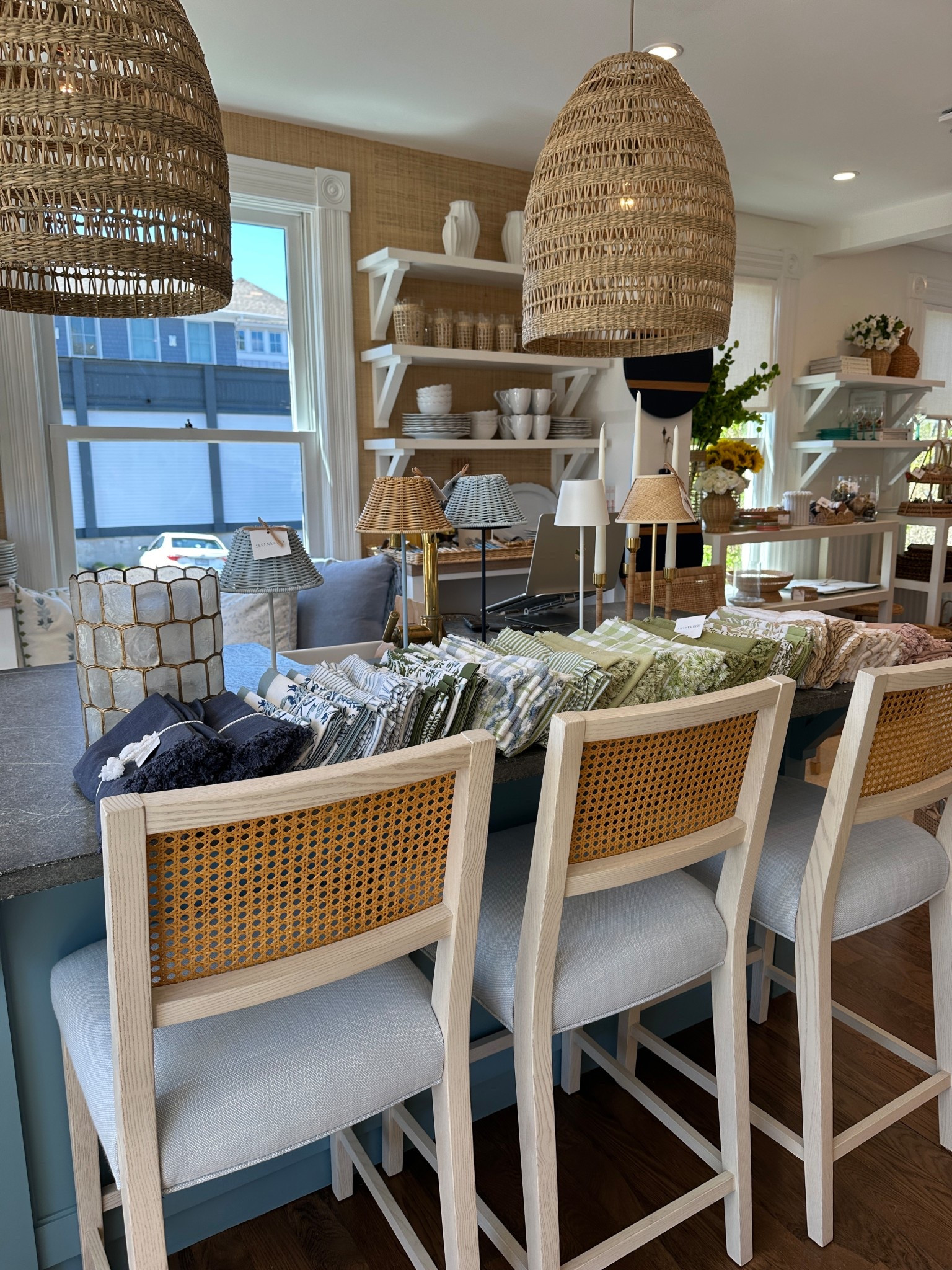 Gorgeous counter stools and woven pendants seen at the Serena and Lily store.  Classic and coastal vibes!

#LTKHome #LTKSeasonal