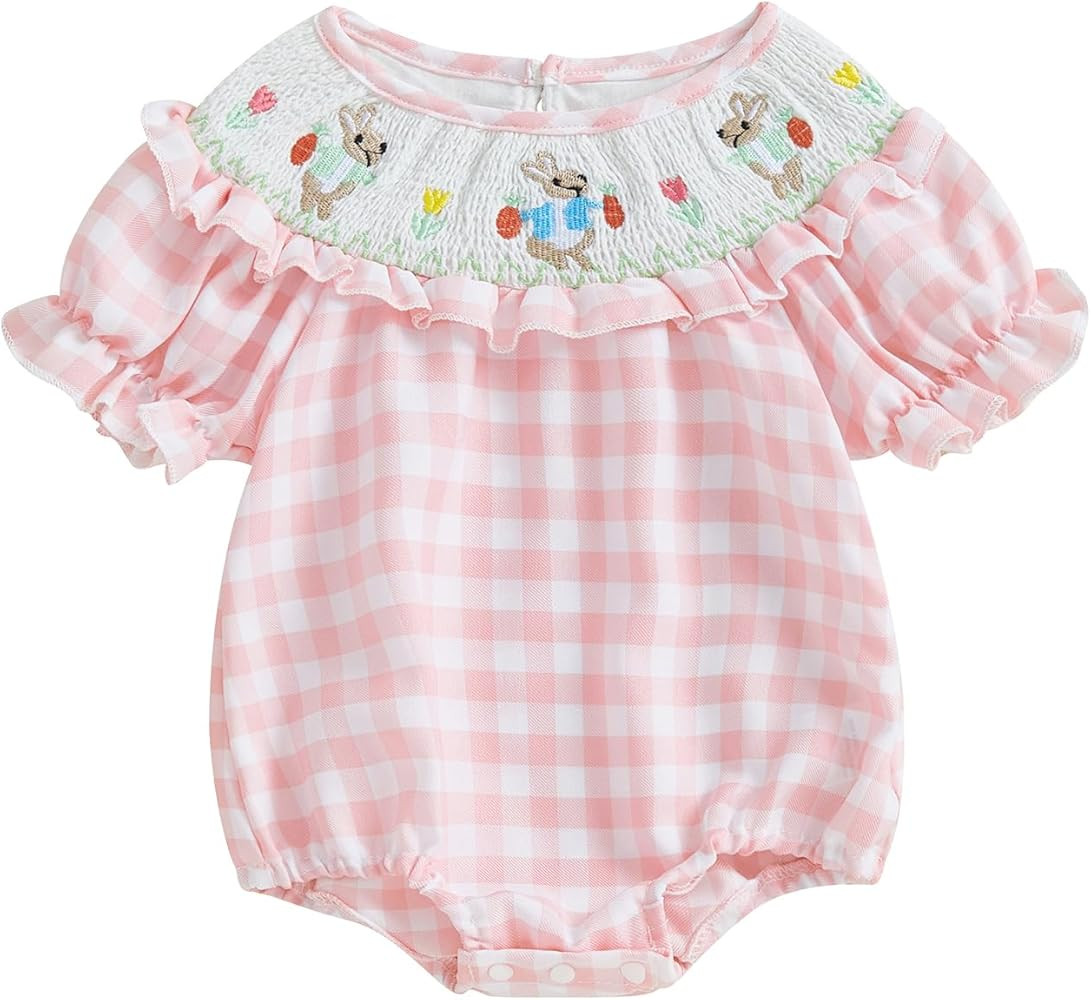 Adobabirl Baby Girl Easter Outfit Bunny Embroidery Smocked Bubble Romper Plaid Short Sleeve Bodys... | Amazon (US)