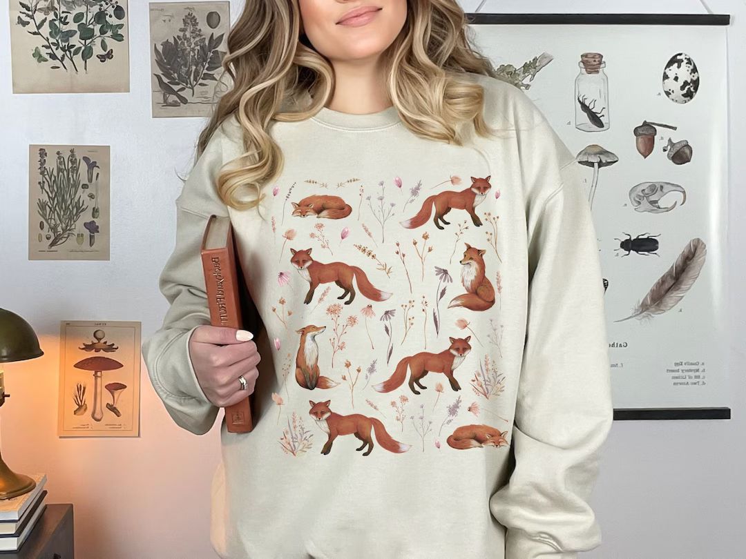 Fox Woodland Animals and Flowers, Easter Crewneck Pullover, Vintage-Style Pressed Flowers, Spring... | Etsy (US)