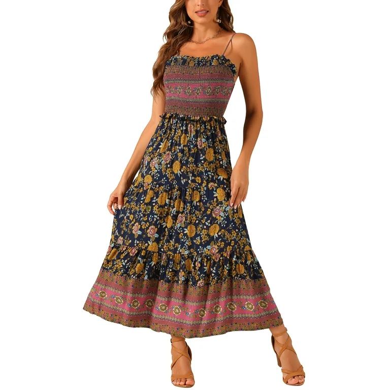 Allegra K Women's Spaghetti Strap A-Line Smocked Maxi Boho Floral Dress | Walmart (US)