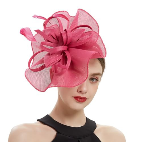 Poememgi Sinamay Fascinator Hat with Top Flower, Women Feather Headwear for Church Wedding Derby Cocktail Tea Party Hot Pink | Amazon (US)