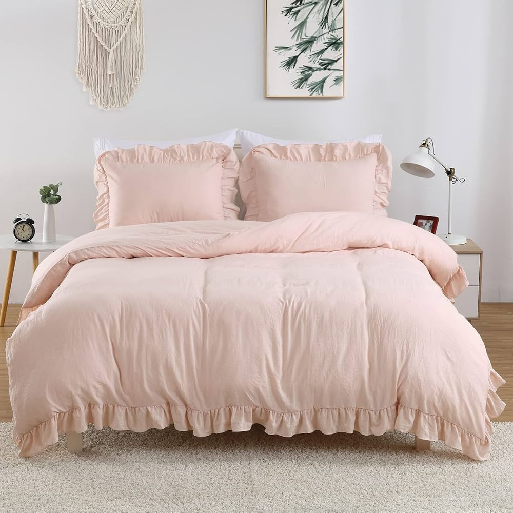 CAROMIO Pink Ruffle Duvet Cover Queen Size, 3PCS Soft Washed Microfiber Vintage French Country Du... | Amazon (CA)