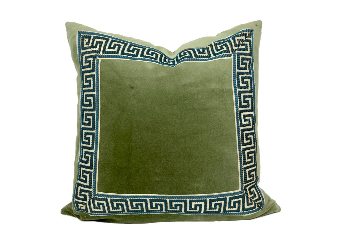 Sage Green Velvet Pillow Cover With Greek Key Trim SELECT - Etsy | Etsy (US)