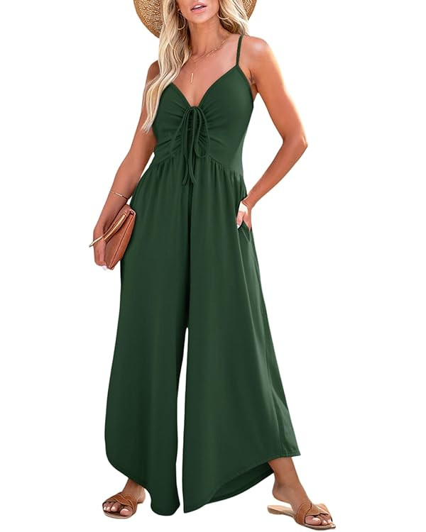 Dokotoo Womens Jumpsuits Spaghetti Straps Ruched Drawstring Knit Wide Leg Romper Casual Jumpsuits... | Amazon (US)