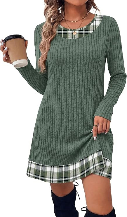 OFEEFAN Fall Dresses for Women 2026 Long Sleeve Sweater Dress Color Block | Side Pockets, Ribbed,... | Amazon (US)
