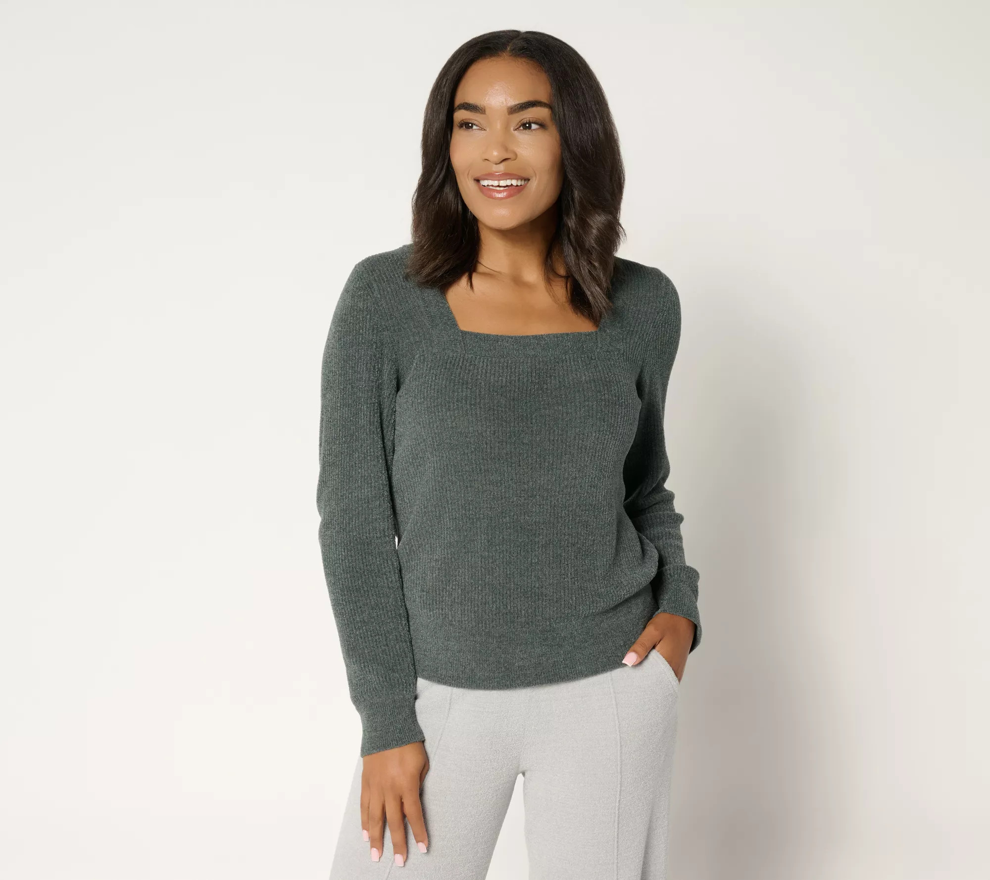 Barefoot Dreams CozyChic Ultra Lite Square Neck Ribbed Pullover - QVC.com | QVC